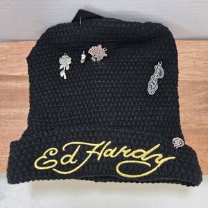 Ed Hardy Black Knit Beanie Hat Gold Embroidered Logo Charm Gothic Y2K OS Nwt